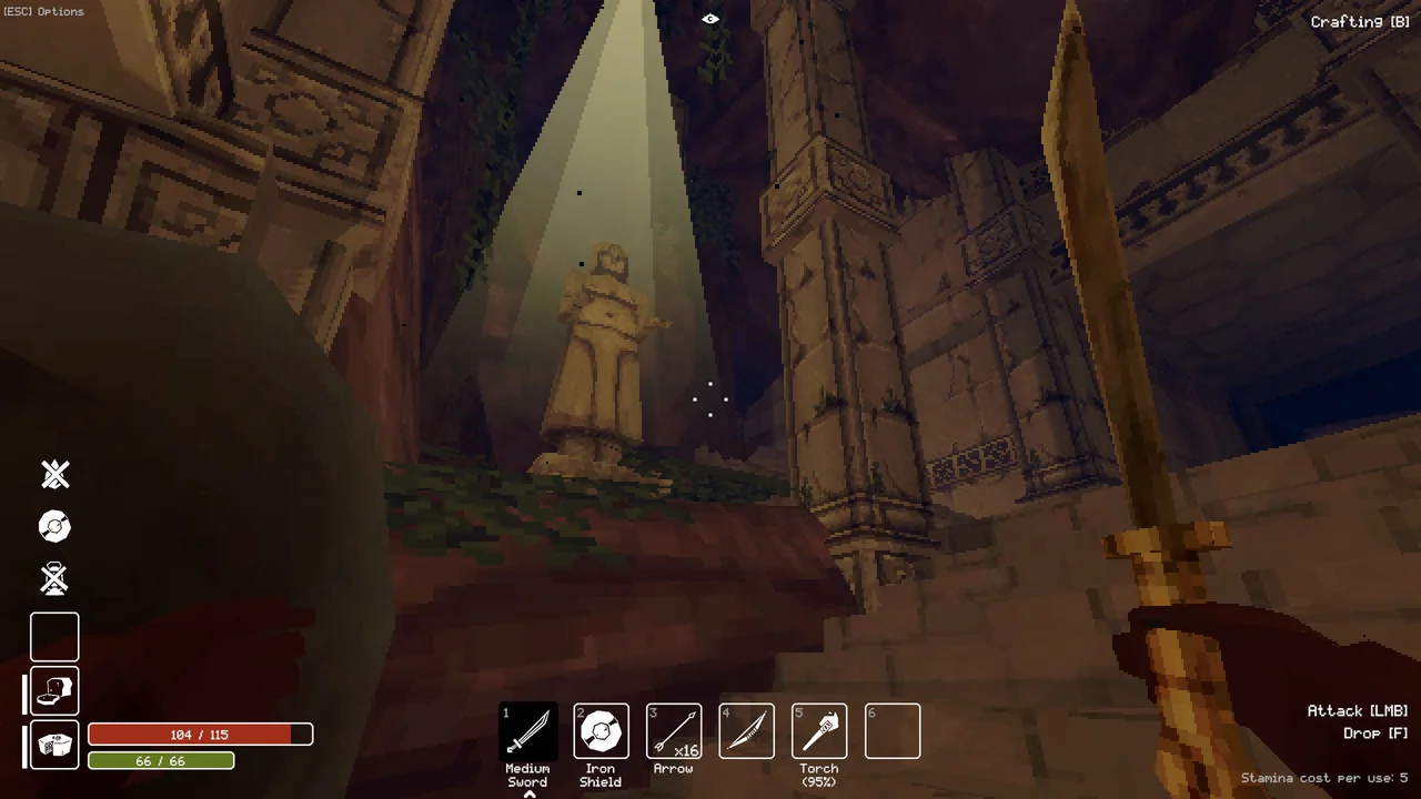 Light falls through a tall stone dungeon chamber with ledges overhead